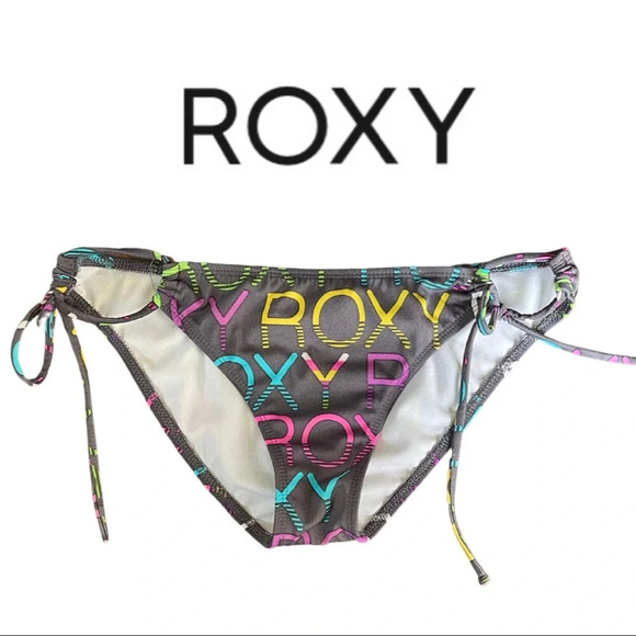 🛍️3/$40 Roxy Swimwear Graphic Bikini Bottom Tie Sides Black Size Small - Picture 1 of 5
